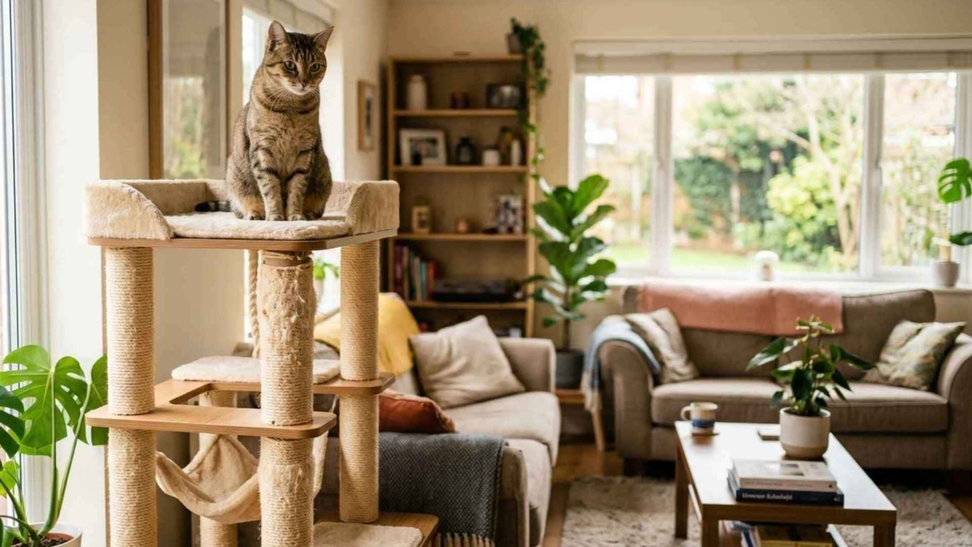 gato subido a lo alto de su arbol de juegos